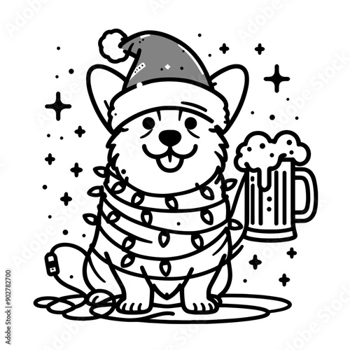  Corgi Dog wear santa claus hat tangled wrap around with Christmas lights holding a beer mug in christmas party   