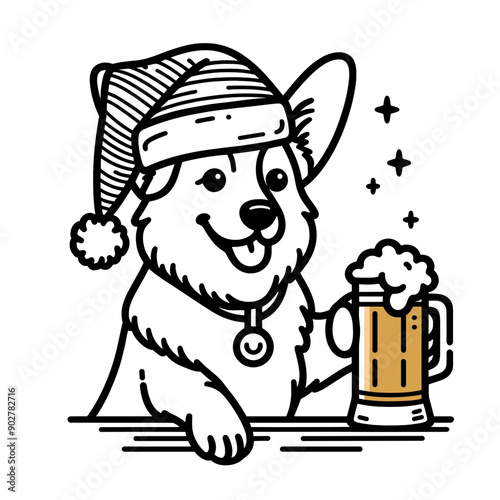  Corgi Dog wear santa claus hat tangled wrap around with Christmas lights holding a beer mug in christmas party   