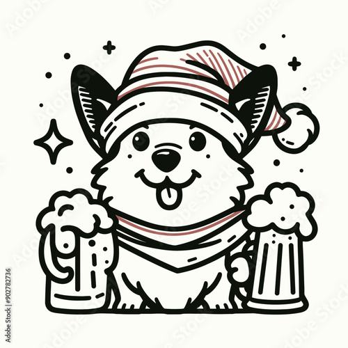  Corgi Dog wear santa claus hat tangled wrap around with Christmas lights holding a beer mug in christmas party   