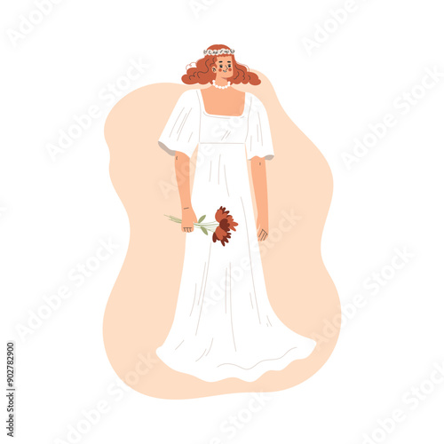 Woman Bride Character in White Wedding Dress Standing with Flower Bouquet Vector Illustration
