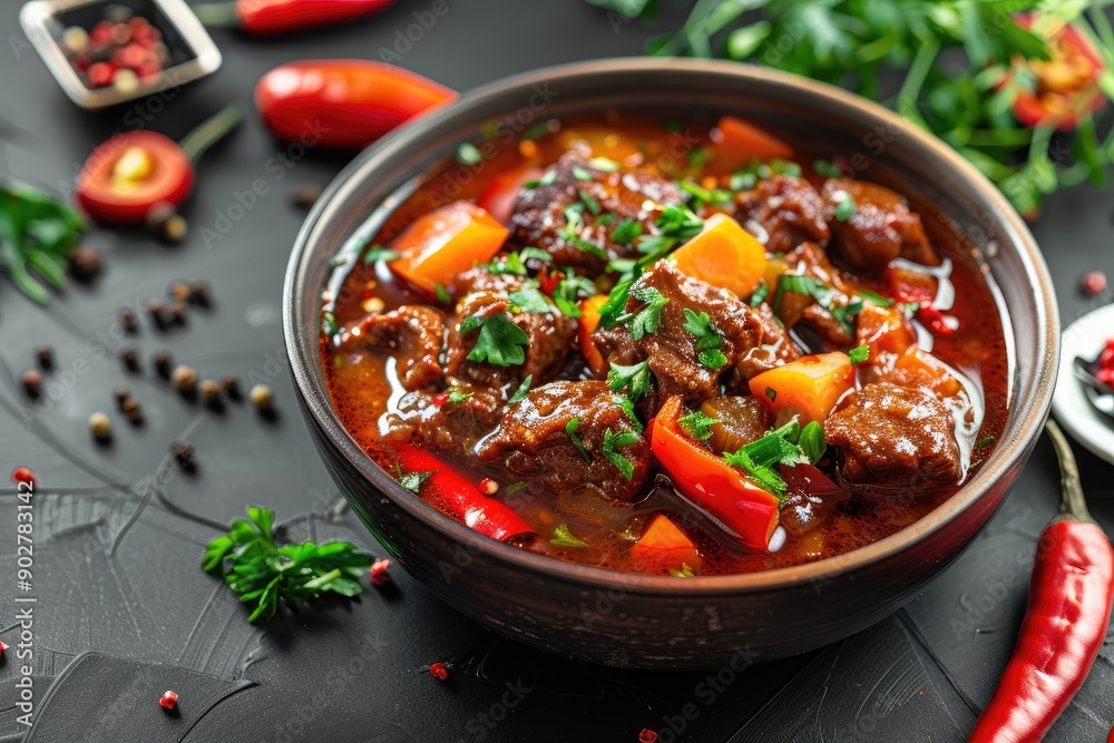 A bowl of beef stew with peppers and parsley on a table. The bowl is full and the food looks delicious A bowl of beef stew with peppers and parsley on a table. The bowl is full and the food looks delicious