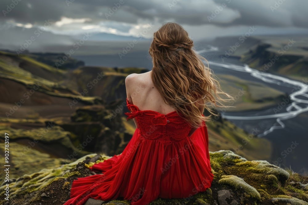 A woman sits on a rock wearing a red dress, perfect for a romantic scene or fashion shoot A woman sits on a rock wearing a red dress, perfect for a romantic scene or fashion shoot