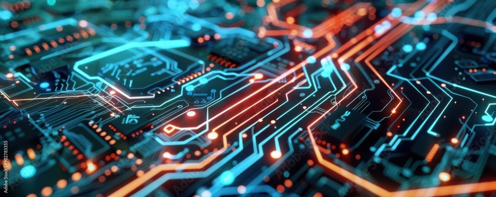 Futuristic data stream on a circuit board showcasing high-tech design with vibrant colors and intricate patterns Futuristic data stream on a circuit board showcasing high-tech design with vibrant colors and intricate patterns