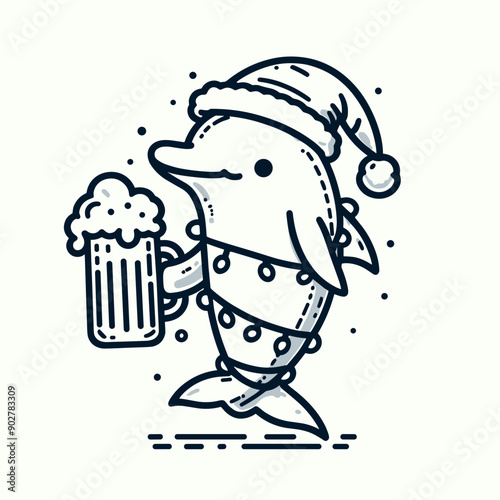  Dolphin wear santa claus hat tangled wrap around with Christmas lights holding a beer mug in christmas party   