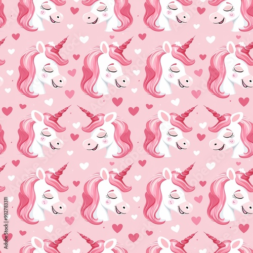 seamless pattern of pink unicorns and hearts on a pink background, flat design illustrations in cute pastel colors.