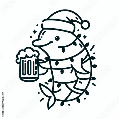  Dolphin wear santa claus hat tangled wrap around with Christmas lights holding a beer mug in christmas party   