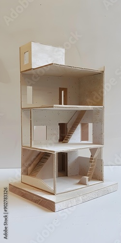 Wooden Model of a Modern House with Stairs and Windows