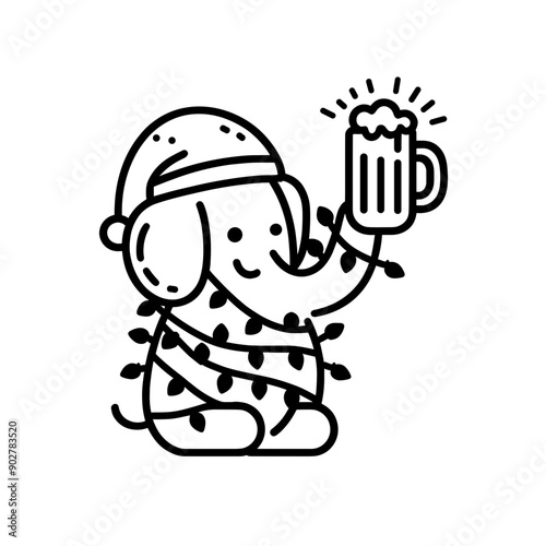  Elephant wear santa claus hat tangled wrap around with Christmas lights holding a beer mug in christmas party   