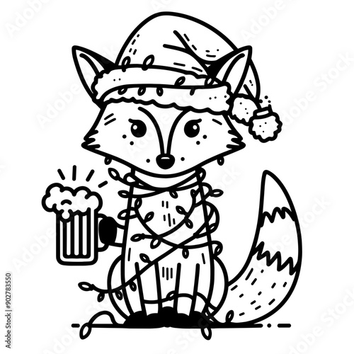  Fox wear santa claus hat tangled wrap around with Christmas lights holding a beer mug in christmas party   
