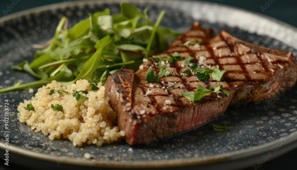 Grilled T-bone Steak with Quinoa and Arugula Salad A Delicious and Balanced Meal for Health-Conscious Individuals Grilled T-bone Steak with Quinoa and Arugula Salad A Delicious and Balanced Meal for Health-Conscious Individuals
