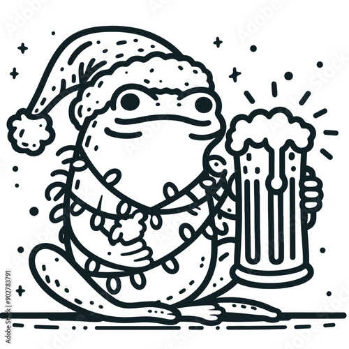  Frog wear santa claus hat tangled wrap around with Christmas lights holding a beer mug in christmas party   
