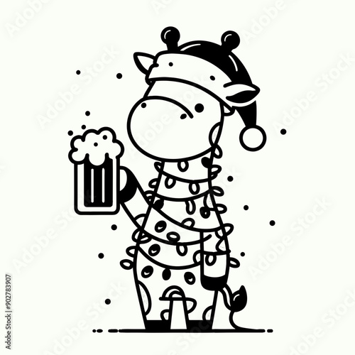  Giraffe wear santa claus hat tangled wrap around with Christmas lights holding a beer mug in christmas party   