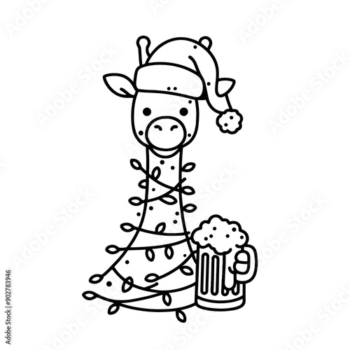  Giraffe wear santa claus hat tangled wrap around with Christmas lights holding a beer mug in christmas party   