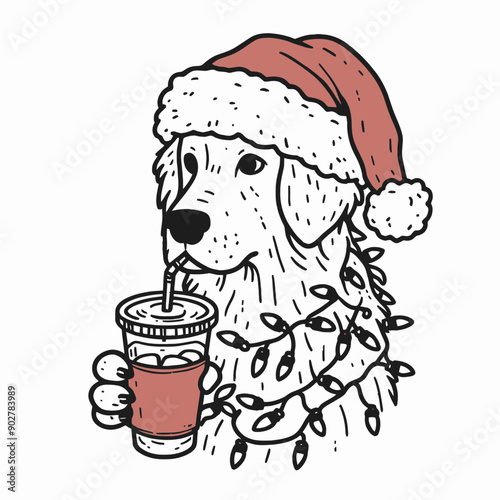  Golden Retriever Dog wear santa claus hat tangled wrap around with Christmas lights holding a beer mug in christmas party   