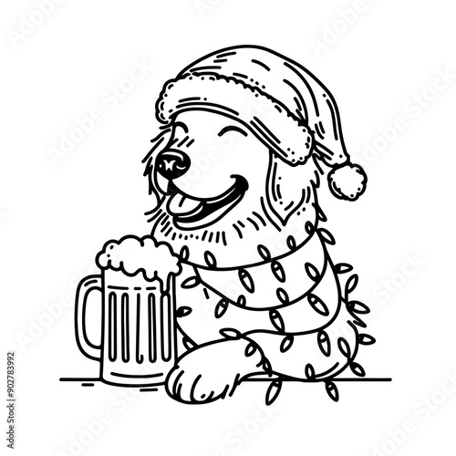  Golden Retriever Dog wear santa claus hat tangled wrap around with Christmas lights holding a beer mug in christmas party   
