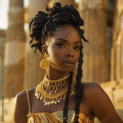A beautiful black woman with an updo hairstyle, gold jewelry and a golden dress, standing in front of ancient Greek architecture. 