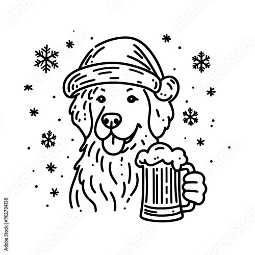  Golden Retriever Dog wear santa claus hat tangled wrap around with Christmas lights holding a beer mug in christmas party   