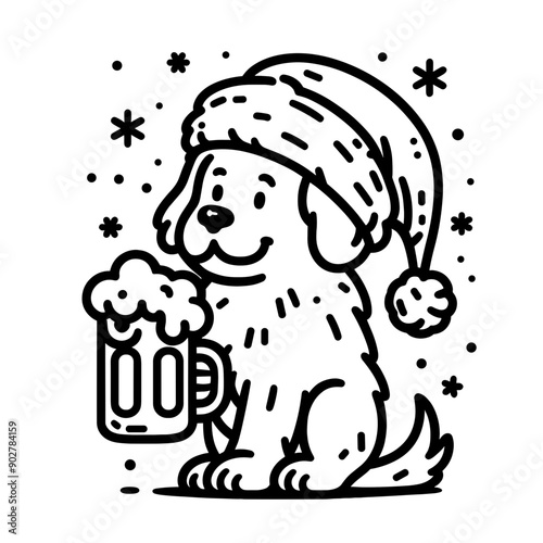  Golden Retriever Dog wear santa claus hat tangled wrap around with Christmas lights holding a beer mug in christmas party   