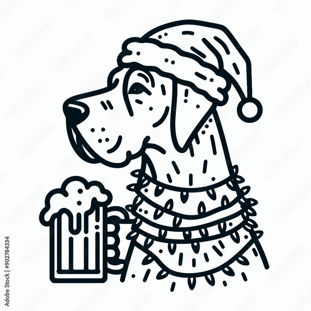 Grwith Dane Dog wear santa claus hat tangled wrap around with Christmas lights holding a beer mug in christmas party Grwith Dane Dog wear santa claus hat tangled wrap around with Christmas lights holding a beer mug in christmas party