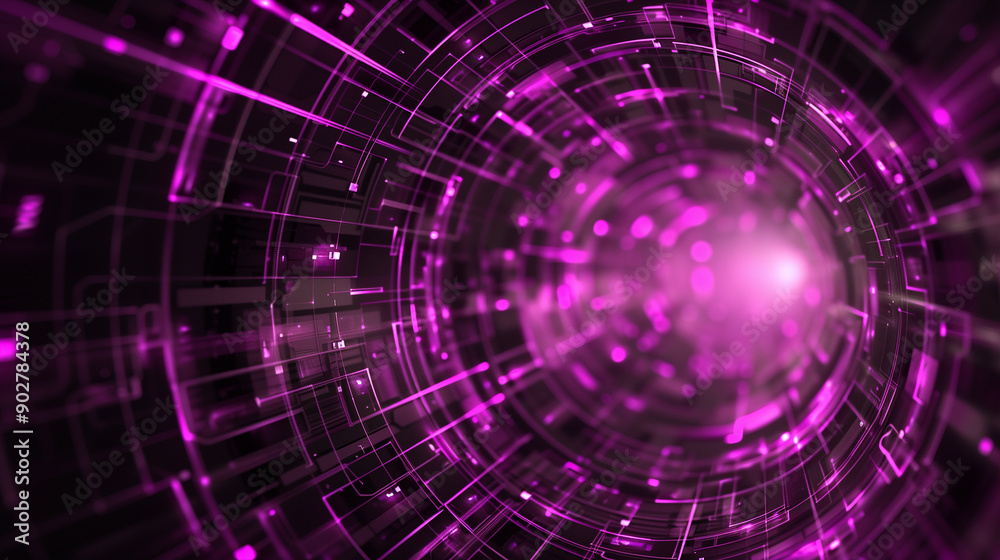 Obraz premium A purple image of a tunnel with a bright light at the end. The tunnel is filled with many lines and dots, giving it a futuristic and technological feel