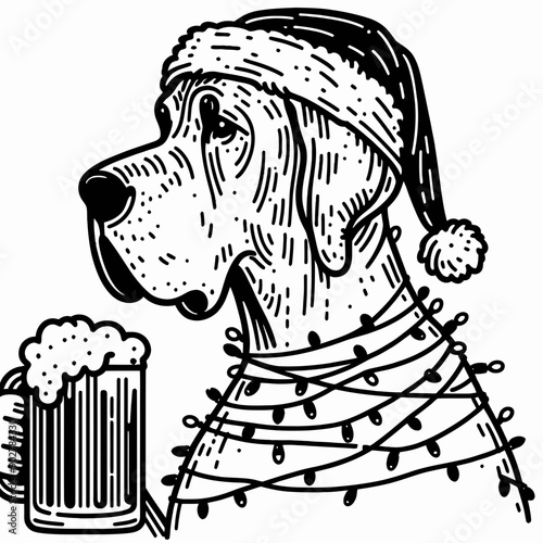  Grwith Dane Dog wear santa claus hat tangled wrap around with Christmas lights holding a beer mug in christmas party   