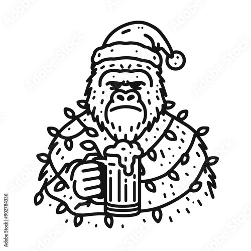  Gorilla wear santa claus hat tangled wrap around with Christmas lights holding a beer mug in christmas party   