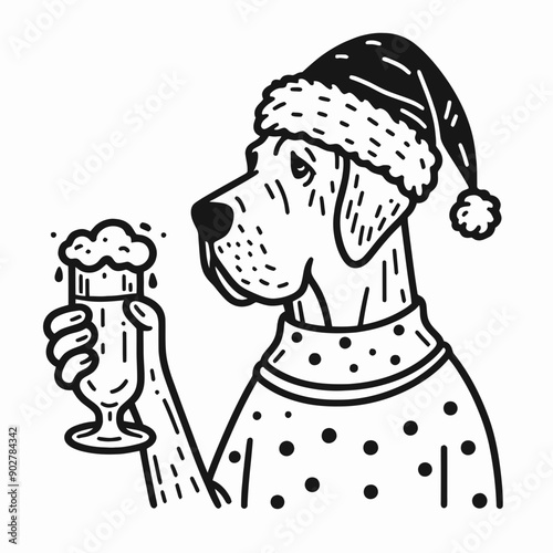  Grwith Dane Dog wear santa claus hat tangled wrap around with Christmas lights holding a beer mug in christmas party   