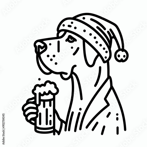  Grwith Dane Dog wear santa claus hat tangled wrap around with Christmas lights holding a beer mug in christmas party   
