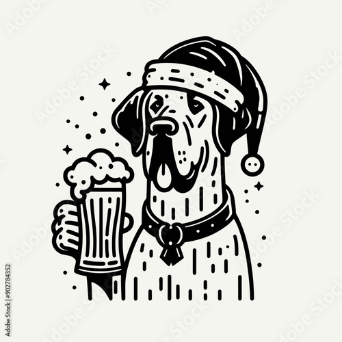  Grwith Dane Dog wear santa claus hat tangled wrap around with Christmas lights holding a beer mug in christmas party   
