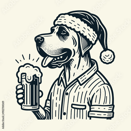  Grwith Dane Dog wear santa claus hat tangled wrap around with Christmas lights holding a beer mug in christmas party   