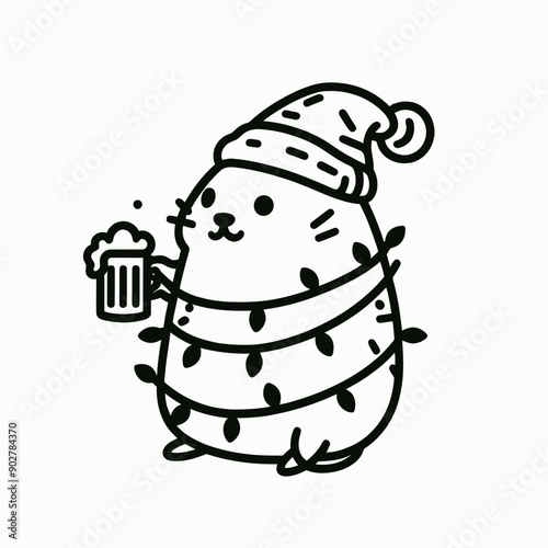 Hamster wear santa claus hat tangled wrap around with Christmas lights holding a beer mug in christmas party   