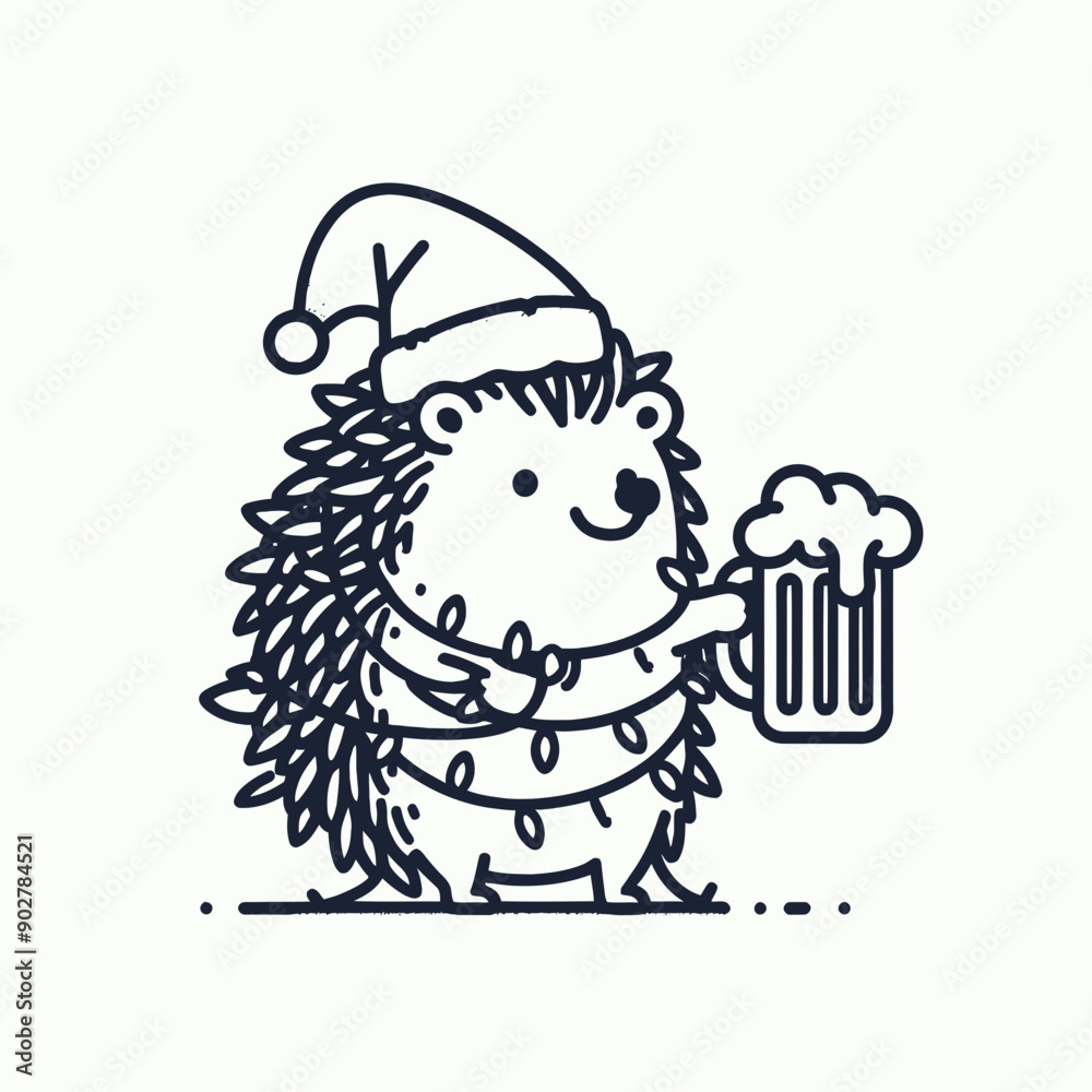 Naklejka premium Hedgehog wear santa claus hat tangled wrap around with Christmas lights holding a beer mug in christmas party 