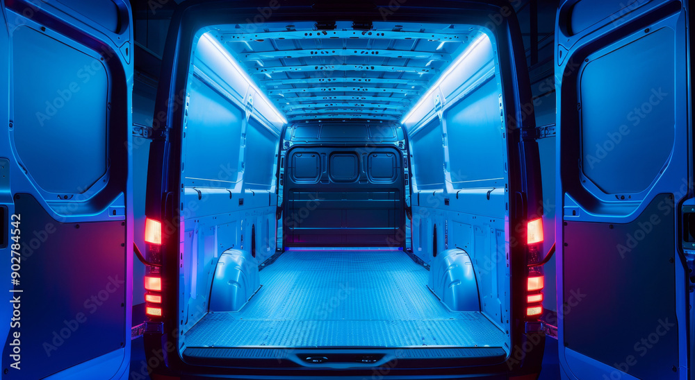 Obraz premium Empty delivery van waiting to be loaded with packages inside a warehouse