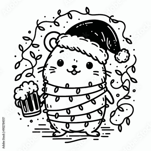  Hamster wear santa claus hat tangled wrap around with Christmas lights holding a beer mug in christmas party   