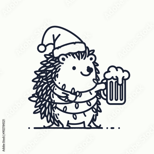  Hedgehog wear santa claus hat tangled wrap around with Christmas lights holding a beer mug in christmas party   
