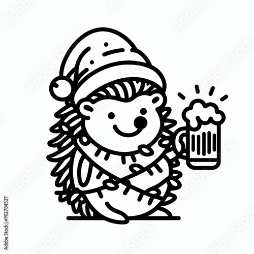  Hedgehog wear santa claus hat tangled wrap around with Christmas lights holding a beer mug in christmas party   