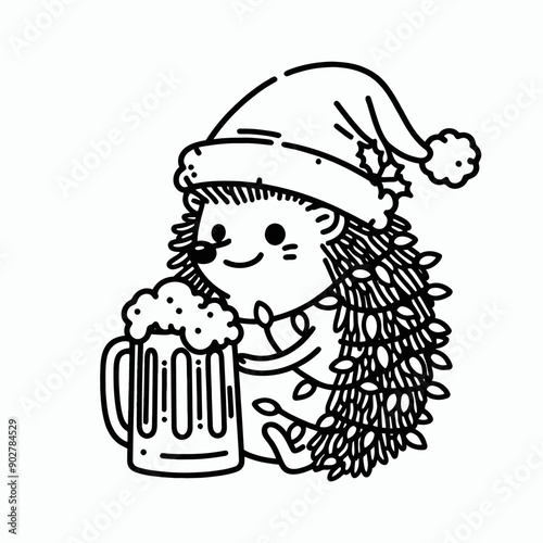  Hedgehog wear santa claus hat tangled wrap around with Christmas lights holding a beer mug in christmas party   