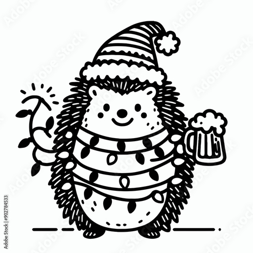  Hedgehog wear santa claus hat tangled wrap around with Christmas lights holding a beer mug in christmas party   