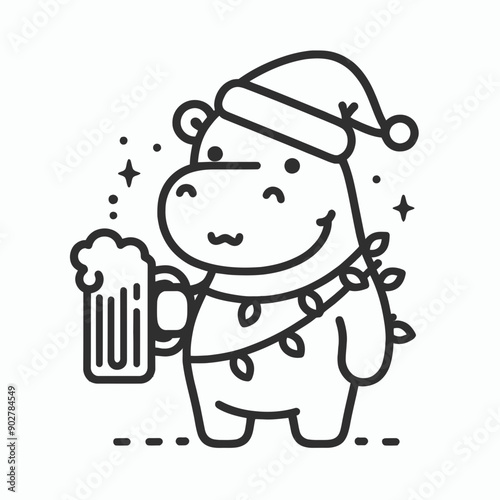  Hippo wear santa claus hat tangled wrap around with Christmas lights holding a beer mug in christmas party   