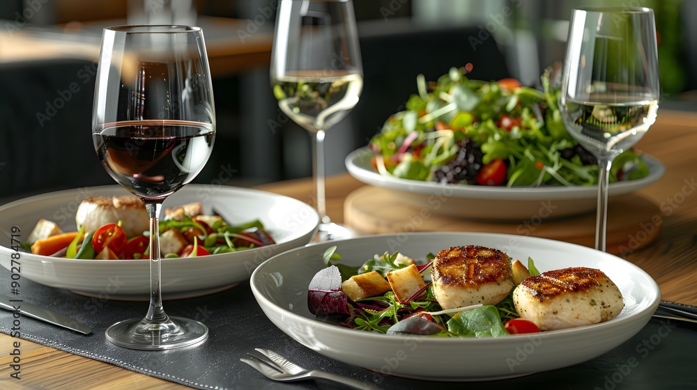 Exquisite Fine Dining Experience. Luxurious table setup with gourmet delicacies Exquisite Fine Dining Experience. Luxurious table setup with gourmet delicacies