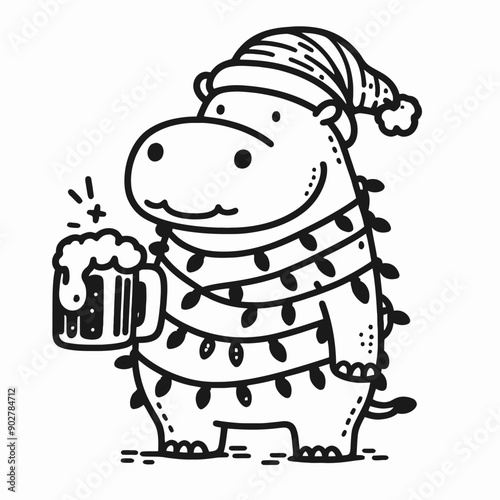  Hippo wear santa claus hat tangled wrap around with Christmas lights holding a beer mug in christmas party   