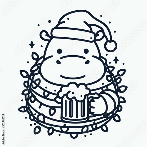  Hippo wear santa claus hat tangled wrap around with Christmas lights holding a beer mug in christmas party   