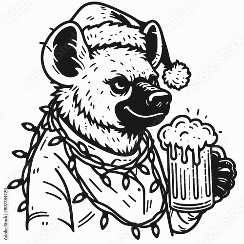  Hyena wear santa claus hat tangled wrap around with Christmas lights holding a beer mug in christmas party   
