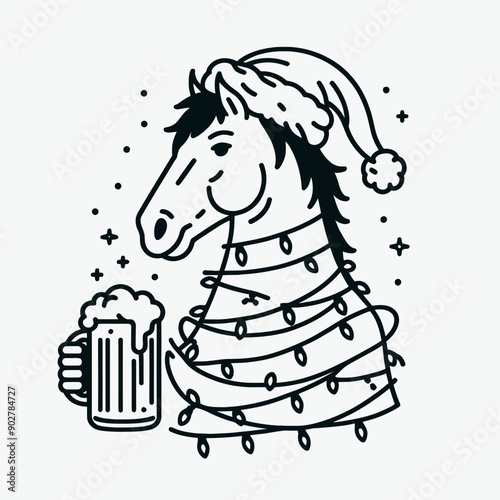  Horse wear santa claus hat tangled wrap around with Christmas lights holding a beer mug in christmas party   