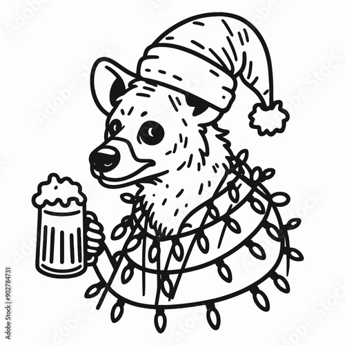  Hyena wear santa claus hat tangled wrap around with Christmas lights holding a beer mug in christmas party   