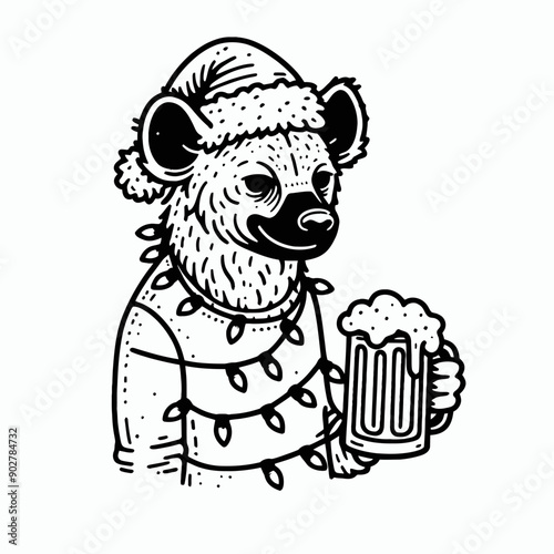  Hyena wear santa claus hat tangled wrap around with Christmas lights holding a beer mug in christmas party   