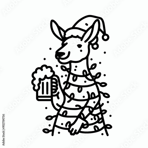  Kangaroo wear santa claus hat tangled wrap around with Christmas lights holding a beer mug in christmas party   