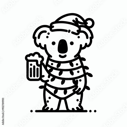  Koala wear santa claus hat tangled wrap around with Christmas lights holding a beer mug in christmas party   