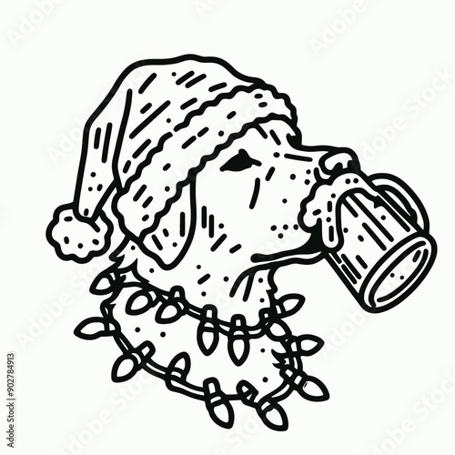  Labrador Retriever Dog wear santa claus hat tangled wrap around with Christmas lights holding a beer mug in christmas party   