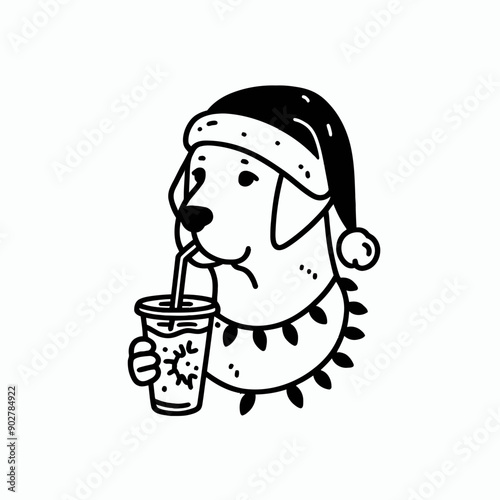  Labrador Retriever Dog wear santa claus hat tangled wrap around with Christmas lights holding a beer mug in christmas party   